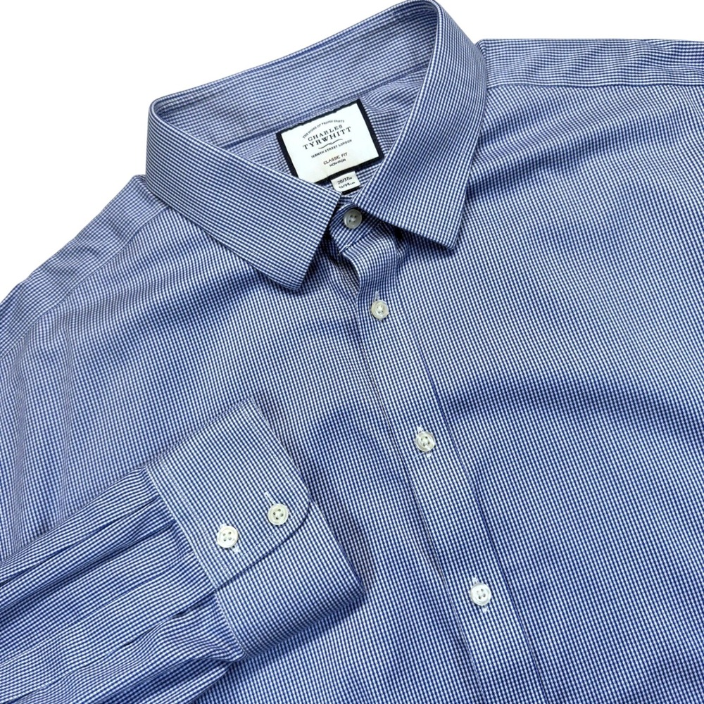 Charles Tyrwhitt Dress Shirt Mens 20/37 Blue Micro Check Classic Fit Non-Iron